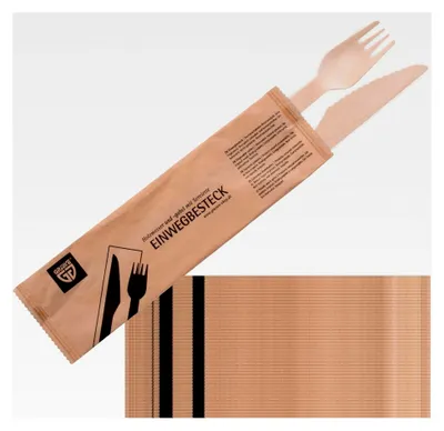 Produktbild von Holzmesser und Gabel mit Serviette, 100 Sets, nachhaltiges Besteckset