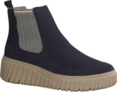 A single blue Chelsea boot with a tan sole is shown against a white background.