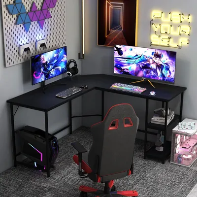 Immagine prodotto di Scrivania a forma di L - Scrivania ad angolo - Scrivania per l'ufficio - Scrivania da gaming - Scrivania per lo studio - Nera