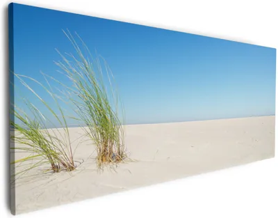 Produktbild von Wallario Premium Leinwandbild Sandstrand unter blauem Himmel in Größe 80 x 200 cm