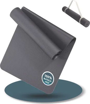 Produktbild von LILENO SPORTS Yoga Matte Grau (180x60cm) inkl. Tragegurt - Sport und Yogamatte extra rutschfest in 4 mm Dicke - Gymnastikmatte und Fitnessmatte für Workout und Yoga - Sportmatte für Zuhause