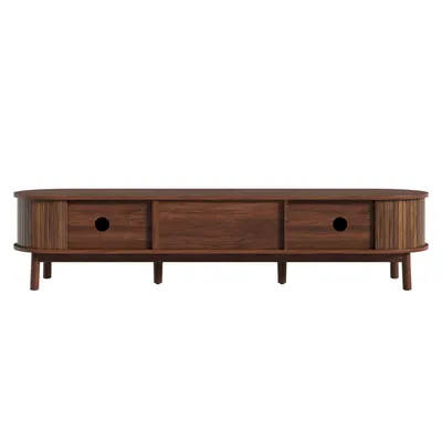 Produktbild von Moderner TV-Schrank aus Holz mit Schubladen und Schiebetüren, TV Lowboard mit Massivholzbeine und abgerundete Ecken, TV-Möbel Wohnzimmermöbel,Nussbaum