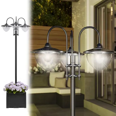 Obrázek produktu pro Solární zahradní svítidlo Outsunny, tříramenná lampa s podstavcem ve tvaru květináče z nerezové oceli