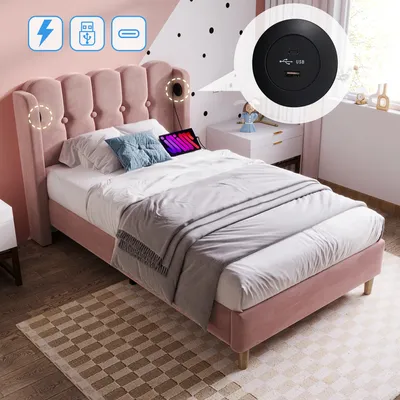 Image de MODFU Lit simple 90 x 200 cm – Velours rose, sommier à lattes – Rose