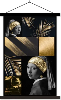 Produktbild von MuchoWow® Textilposter Collage - Schwarz - Gold - Mädchen mit Perlenohrring 40x60 cm mit schwarzem Rahmen - Wanddekorationen