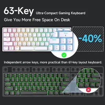 Obrázek produktu pro Mechanická klávesnice, bílá barva - kompaktní, 63 kláves - RGB podsvícení - bezdrátové připojení Bluetooth 2.4G a USB-C - herní klávesnice