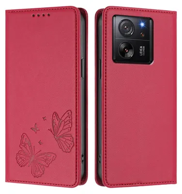 Produktbild von Lederhülle für Xiaomi 13T /Xiaomi 13T Pro, Schmetterling Prägung Leder Brieftasche Schutzhülle mit Ständer Rot