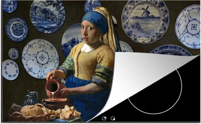 Produktbild von KitchenYeah© Herdabdeckplatte Milchmädchen - Das Mädchen mit dem Perlenohrring - Vermeer , 89x51cm, Küche Deko, Glaskeramikkochfeld Herdabdeckung, Abdeckplatte fùr Kochfeld