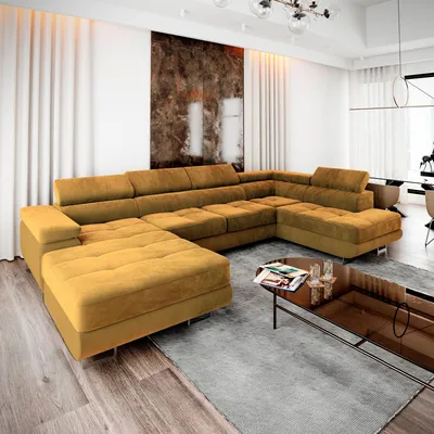 Produktbild von Masseno Ecksofa CASONE R-S mit Schlaffunktion U-Form, Sofa mit Bettkasten, Wohnzimmersofa, Couch, Soffa, Bettsofa, Couchgarnitur- Gelb, MONOLITH 48