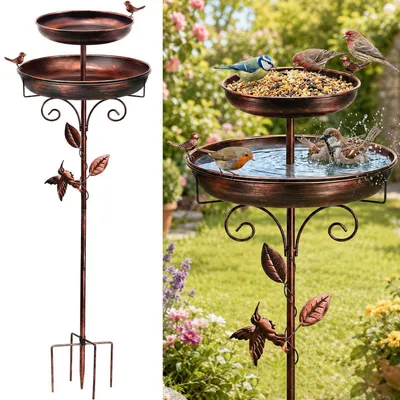 Obrázek produktu pro Krmítko pro ptáky, stojací, kovové, dvoustěnné, s dávkovačem krmiva, vintage design, dekorace do zahrady