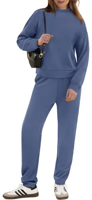 Produktbild von Damen Premium Trainingsanzug-Set Golfauschnitt Sweatshirt Jogginghose Blau XXL