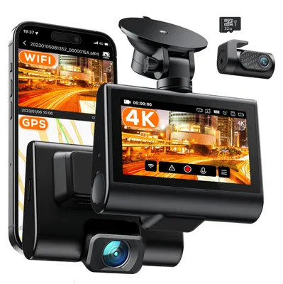 Zdjęcie produktu dla Wideorejestrator samochodowa przód i tył - 4K przód, 1080p tył - ekran dotykowy 3 cali - Wi-Fi i GPS - Karta 32 GB