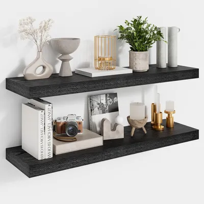 Obrázek produktu pro Nástěnné police, 60 cm, sada 2 kusů, materiál MDF, barva černá, vhodné do obývacího pokoje