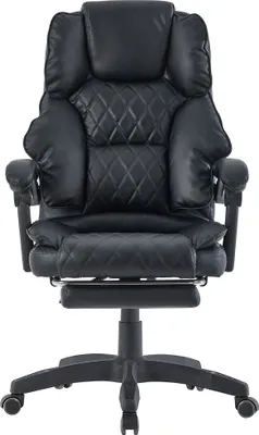 A black office chair with a footrest is shown from the front against a white background.
