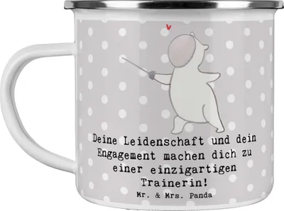 Produktbild von Mr. & Mrs. Panda Campingbecher Fechten Trainerin Einzigartig - Grau Pastell - Geschenk, blechbecher, Fechatelier, Emaille Becher, Teetasse, Danksagung, Haferl, Sportart