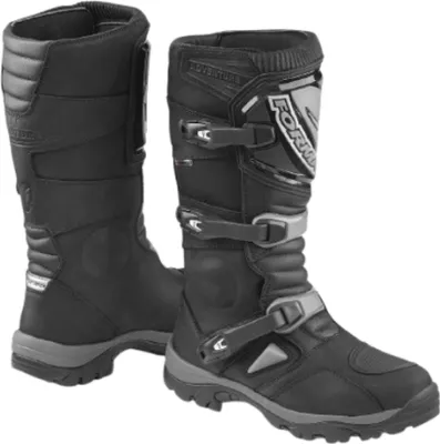 A pair of black motorcycle boots shown against a white background.