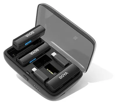 Zdjęcie produktu dla Mikrofon BOYA Bezprzewodowy system x2 BOYALINK 3,5 mm, Lightning i USB-C