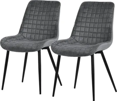 Two gray upholstered chairs with black metal legs are shown against a white background.