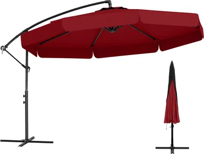 A red cantilever umbrella is shown open on the left, and closed on the right, against a white background.