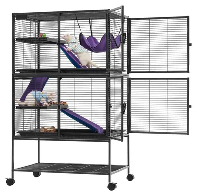 Produktbild von Kleintierkäfig - Metallkäfig für Frettchen, Chinchillas, Meerschweinchen und Kaninchen - 4-stöckig - 77 x 52 x 130 cm - 13,97 mm Gitterabstand - Feststellbare Rollen