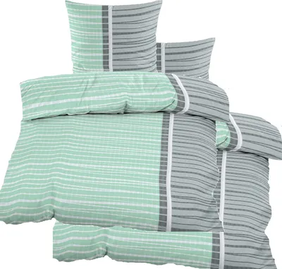 Produktbild von 4-tlg. Seersucker Bettwäsche 2x (135x200 +80x80cm), mint grau, quergestreift, bügelfrei, Microfaser
