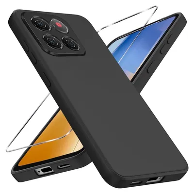 A black phone case and a screen protector are shown on a white background.