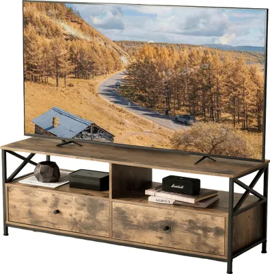 Produktbild von Relaxdays TV-Lowboard, 2 Fächer, 2 Schubladen, TV-Schrank bis 55 Zoll, HBT 50 x 120 x 40 cm, Fernsehtisch, braun/schwarz