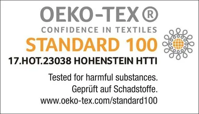 OEKO-TEX STANDARD 100 certification logo and text.