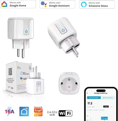 Collage of smart plug images and features.