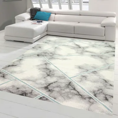 Image de Tapis design salon, motif marbre en bleu crème Taille - 60 x 110 cm