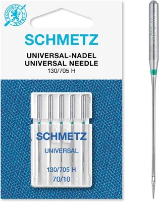 A package of Schmetz universal sewing machine needles is shown along with a single needle.