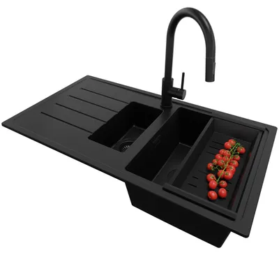 Produktbild von PRIMAGRAN Granitspüle Alles Schwarz 90x50cm, Spülbecken 1,5 Becken + Küchenarmatur 40x20cm + Ablauf-Set, Küchenspüle ab 60er Unterschrank - Kopenhagen Duo