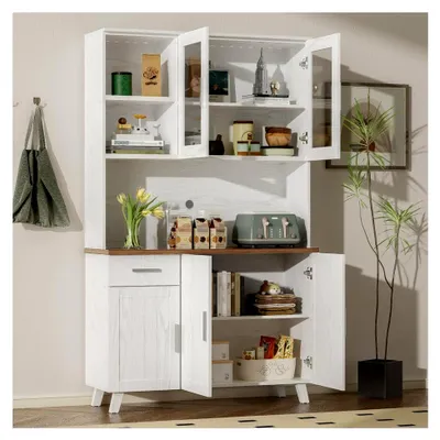 Produktbild von Sideboard mit weißer Holzmaserung, Hochschrank 114 x 40 x 190 cm, für Wohnzimmer und Esszimmer