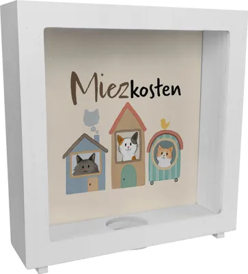 Produktbild von Katzen Rahmen Spardose aus Holz mit Spruch Miezkosten