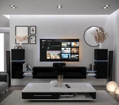 Produktbild von Furnitech Wohnwand Wohnzimmer - Hängend Wohnwand Modern - Regale und TV Schrank - Wohnzimmer Möbel ohne LED (AN104-21B-HG1-1C)