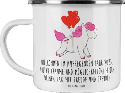 Produktbild von Mr. & Mrs. Panda Teetasse 2023 Geburtstag Freude - Weiß - Geschenk, Alter, Jahrgangsgeburtstag, und Glück, Glückwunsch, Emaille Tasse, 2014, Feiere, Pott, Kaffeepott