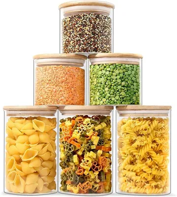 Immagine prodotto di Contenitori in vetro con coperchio in bambù, set di contenitori in vetro ermetici, contenitori in vetro con coperchio, barattoli per alimenti, barattoli per spezie, set di 6 contenitori per farina