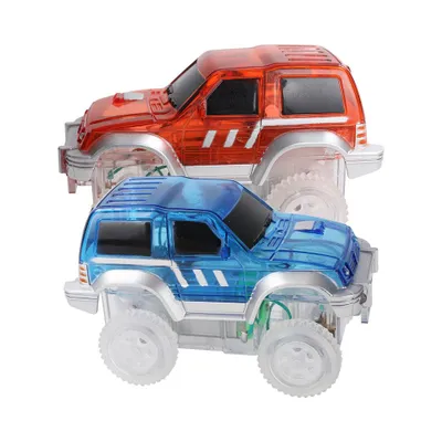 Produktbild von Cleverclixx 2x Rennbahnauto Blau & Rot 2er Set Racetrack, elektrisches Auto für magnetischen Autobahn Bausatz, kompatibles Spielfahrzeug, ab +3 Jahren