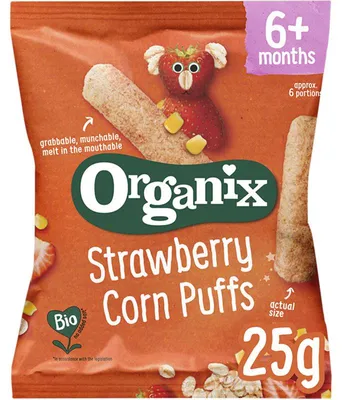 Obrázek produktu pro Organix Strawberry Corn Puffs 6 měsíců+ 25 g - Přírodní dětská přesnídávka bez přísad
