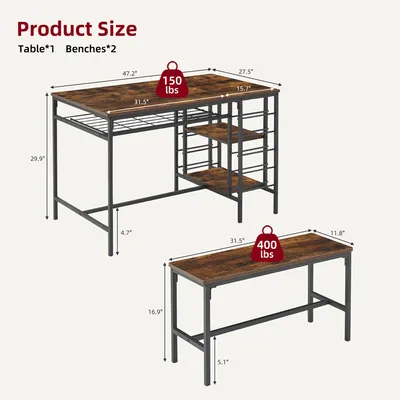Produktbild von 3-tlg. Essgruppe mit 2 Bänken & Weinregal, Esstisch Set 120x70 cm, platzsparend, Vintagebraun