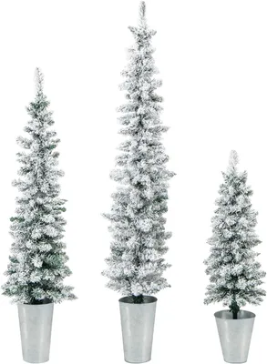 Three artificial Christmas trees of varying heights, covered in artificial snow, are displayed in metal pots against a white background.