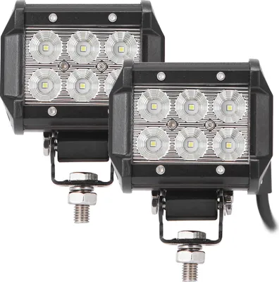Two black LED work lights with silver accents are shown against a white background.