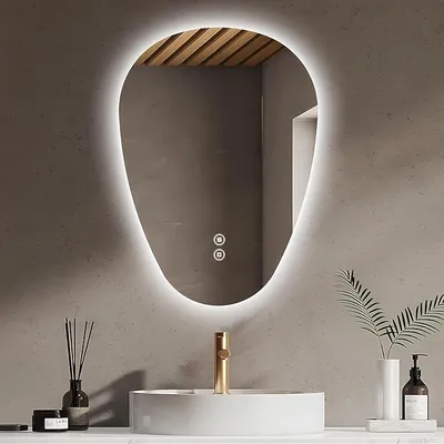 Obrázek produktu pro Zrcadlo do koupelny s osvětlením, asymetrické LED zrcadlo, 70 x 50 cm, dotykové ovládání, stmívatelné, 3 barvy světla, proti zamlžování, koupelnové zrcadlo s osvětlením, stupeň krytí IP44, úsporné