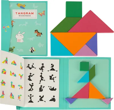 A collage of images showing a tangram puzzle book with various tangram shapes and examples of figures that can be made.