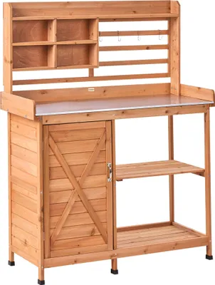 Zdjęcie produktu dla BELIANI Stół ogrodowy z półkami jodła jasnobrązowy 113 x 46 x 148 cm do prac zewnętrznych ogrodowych żelazo ocynkowane nowoczesny