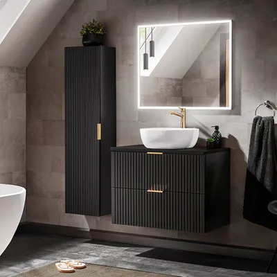 Produktbild von Badezimmer Möbel Set, schwarz matt gerillt, mit 80cm Waschtisch, Keramik Waschbecken und LED Spiegel, ADELAIDE-56-BLACK, B/H/T ca. 130/200/46,5 cm