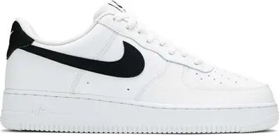A side view of a white Nike Air Force 1 '07 sneaker with a black Nike swoosh and heel tab.