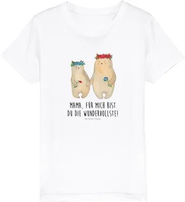 Produktbild von Mr. & Mrs. Panda Organic Kinder T-Shirt Bären mit Blumenkranz 7-8 Jahre (122/128) - Weiß - Geschenk, Teenager, Kurzarm, Familie, Lieblingsmensch, Bio, Kindershirt, Family