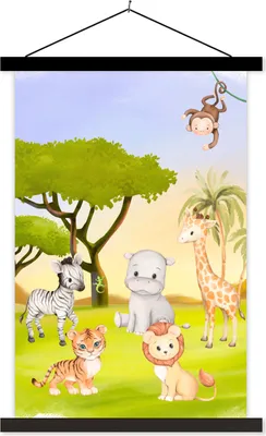 Produktbild von MuchoWow® Textilposter Dschungel - Tiere - Kinder 60x90 cm mit schwarzem Rahmen - Poster Wohnzimmer