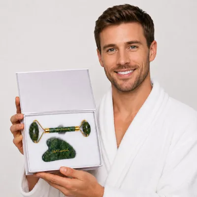 Obrázok produktu pre Sada jadeitového valčeka a gua sha – 100 % pravý jadeit – masáž tváre na spevnenie pokožky a relaxáciu – chladivý účinok proti kruhom pod očami a opuchom